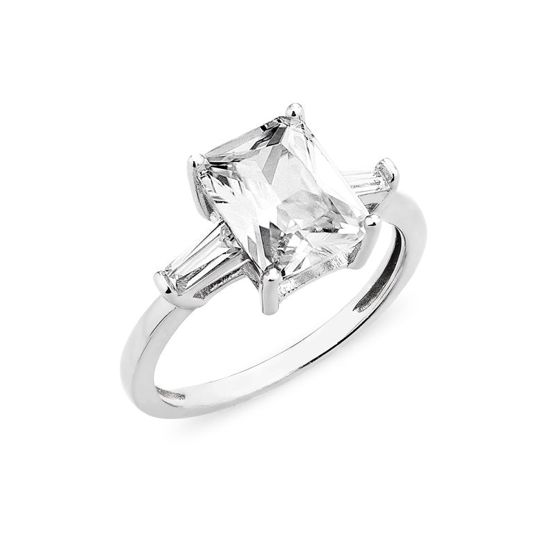 Emerald Cut Cubic Zirconia Ring in Sterling Silver - All Sizes