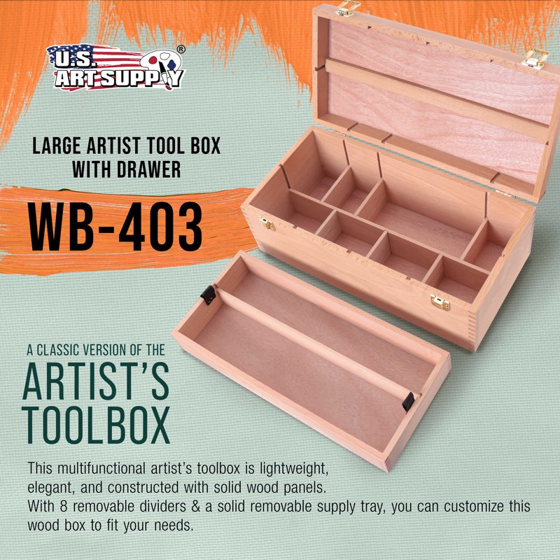 Art Supply Wooden Tool Storage Box with Removable Tray & Locking Clamps