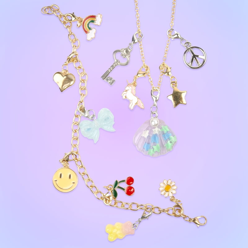 Multicolor Charm Jewelry Kit for Kids Ages 6+ with 15 Interchangeable Charms and Gold Chain