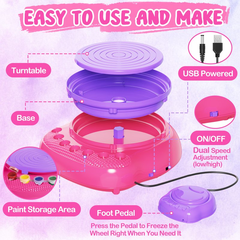 Kids Pottery Wheel Kit for Ages 6+ with Clay Sculpting & Painting Supplies
