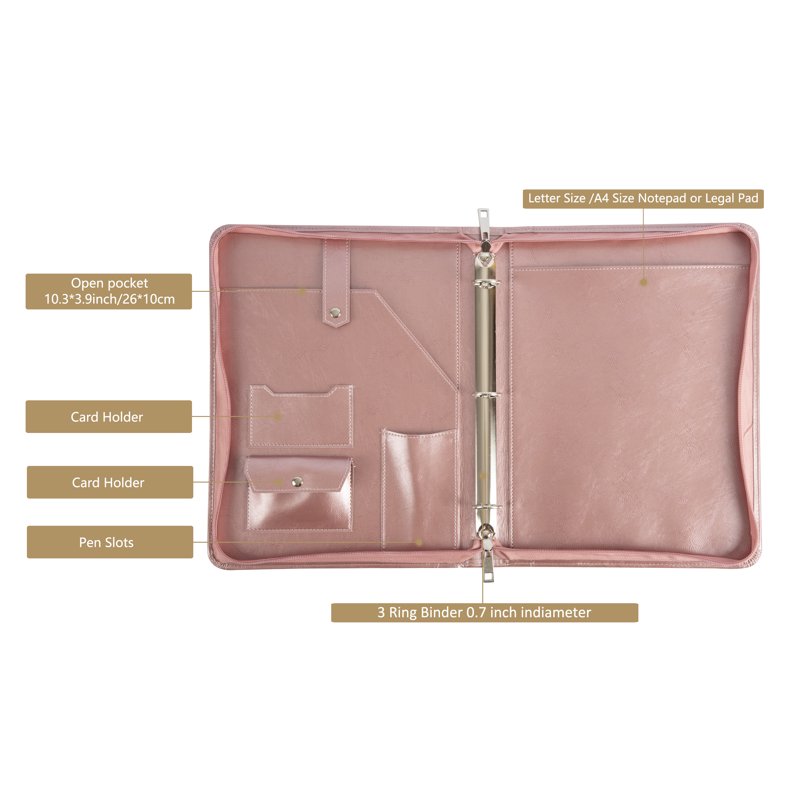Vegan Leather Portfolio with Zippered Binder, 3-Ring, Business Organizer, Rose