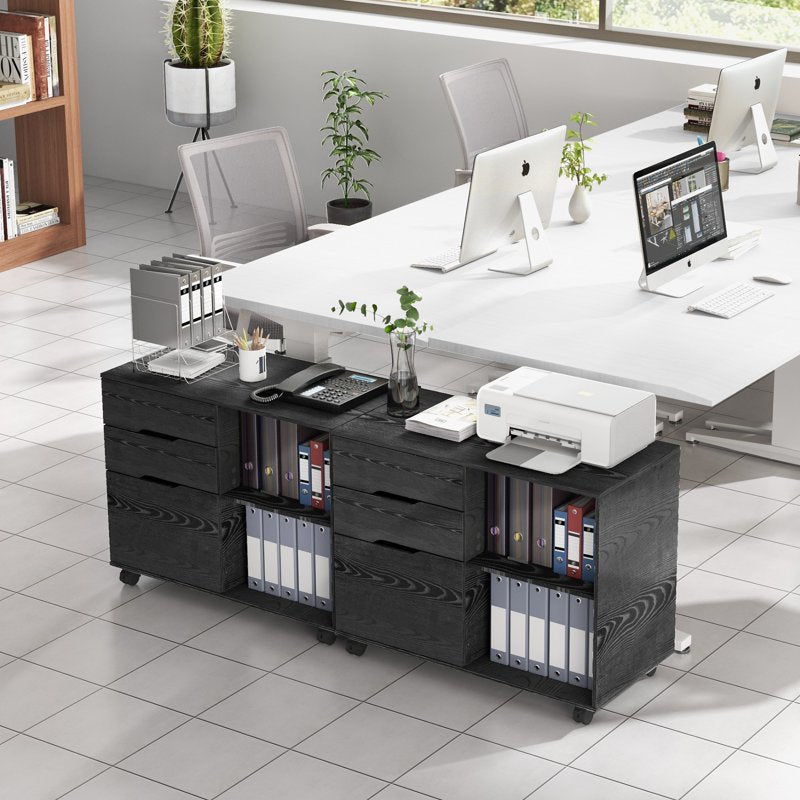 Black 3-Drawer File Cabinet with Wheels & Open Shelves for Office Storage