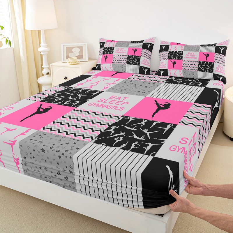 Twin Sheet Set - Pink White Gray 345 | Manfei Gymnastics Themed 3-Piece Bedding