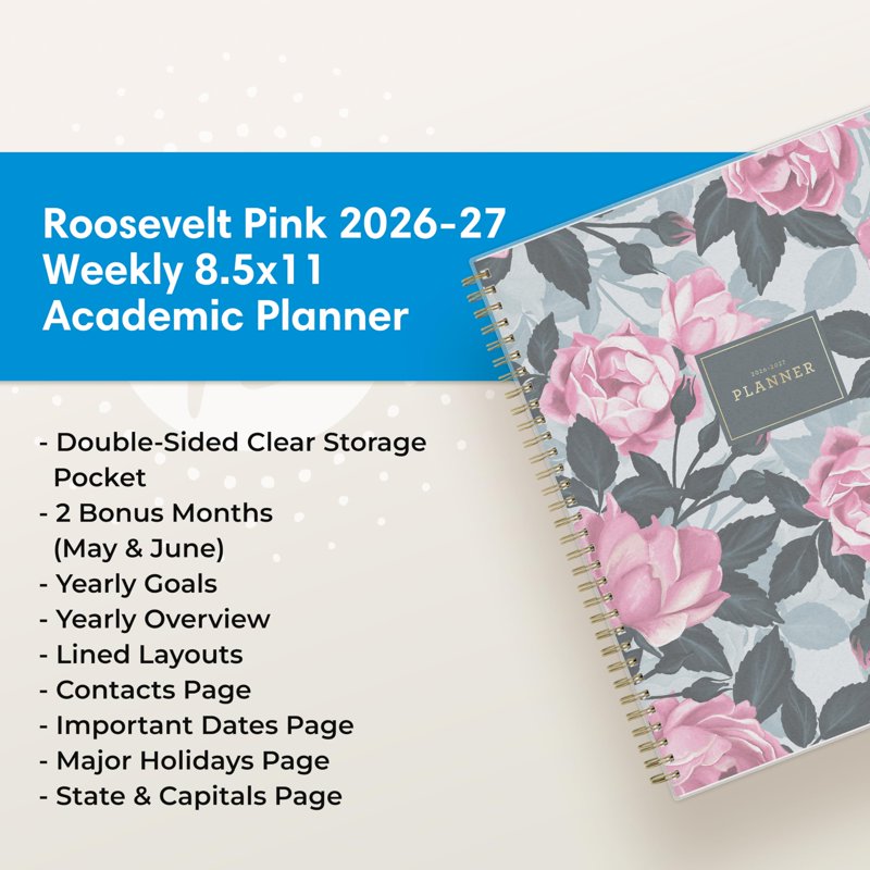Academic Year Planner Calendar 2026-2027 Weekly and Monthly Organizer, 8.5x11, Flexible Cover, Wirebound, Storage Pocket, Laminated Tabs