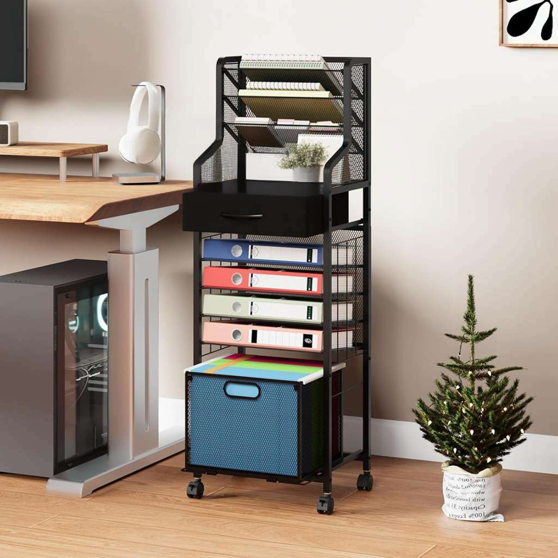 10-Tier Mesh File Cart with Lockable Wheels and Drawers - Black Office Organizer