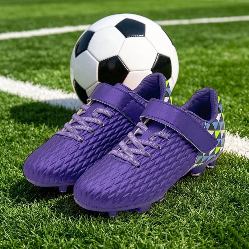 Kids Soccer Cleats - Purple Big Kid Training Football Shoes with Hook & Loop Strap