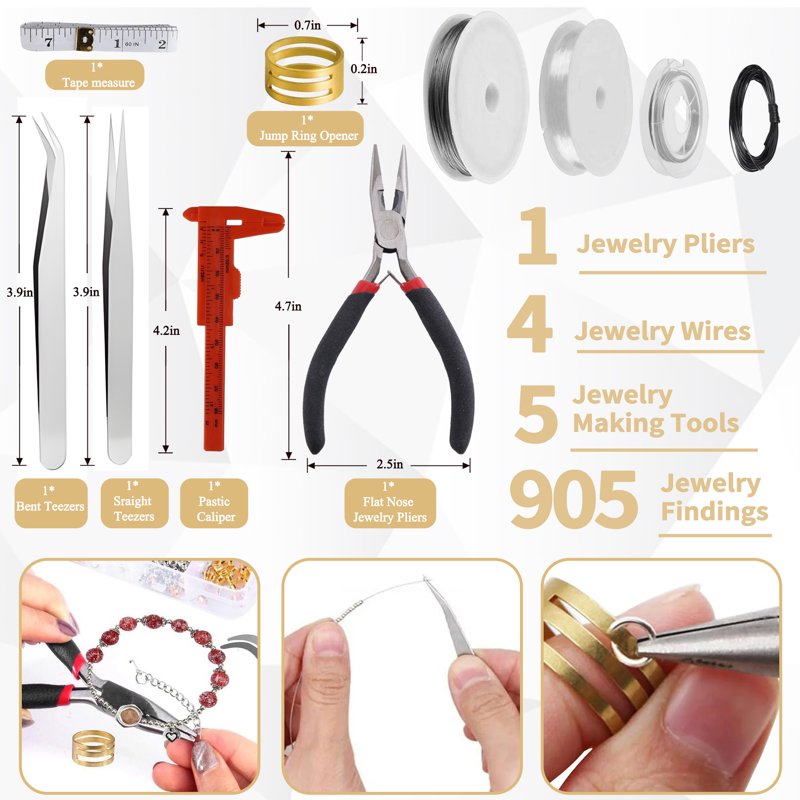 Jewelry Making Supplies Kit 905 Pcs - Beading Wire, Findings, Pliers & Repair Tools