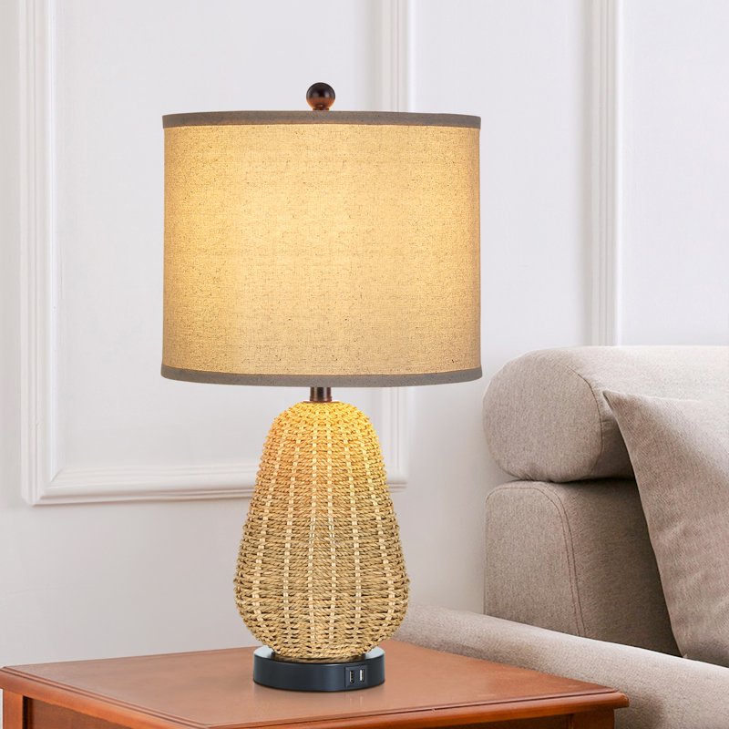 Modern Rattan Table Lamp with USB Charging Ports - Dimmable Bedside Lamp