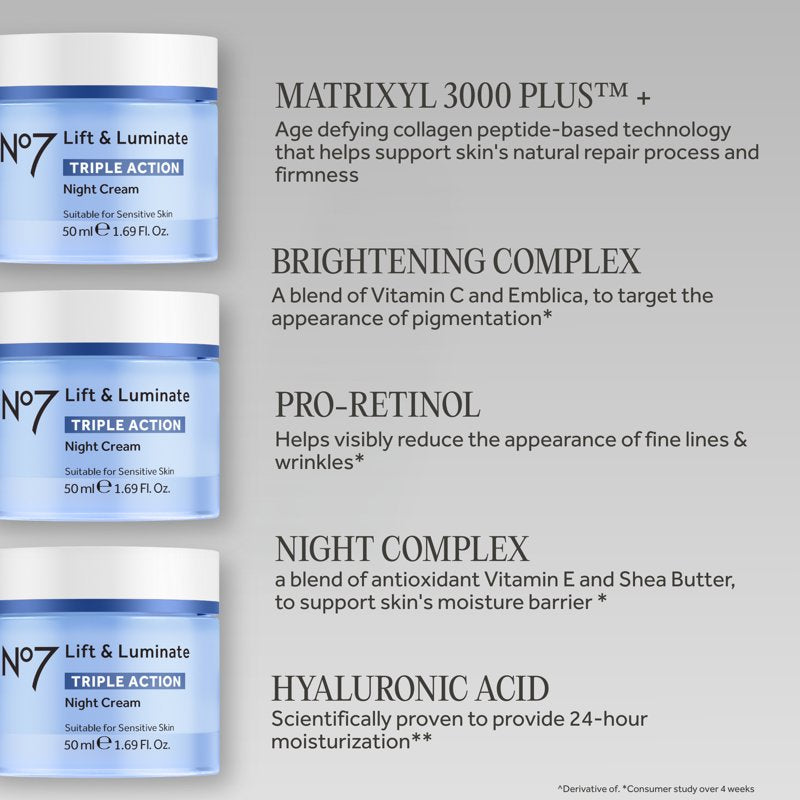 No7 Lift & Luminate Night Cream - Anti-Aging Moisturizer for Radiant Skin