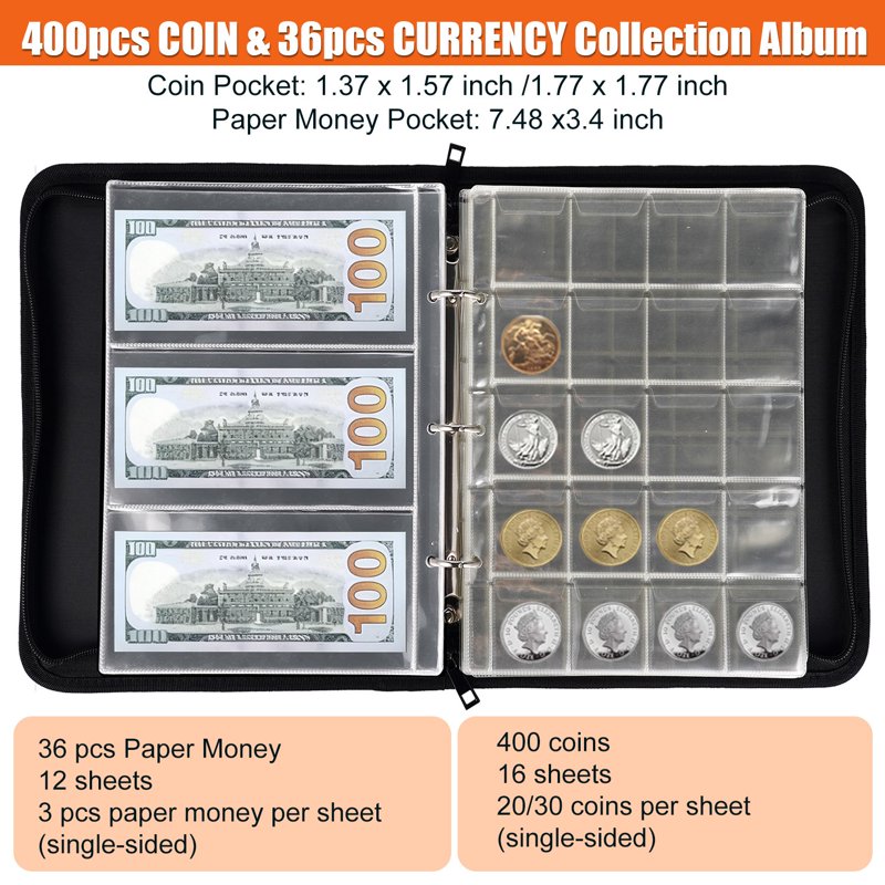 Fireproof Coin Collection Album with 400 Pockets & 36 Currency Sleeves