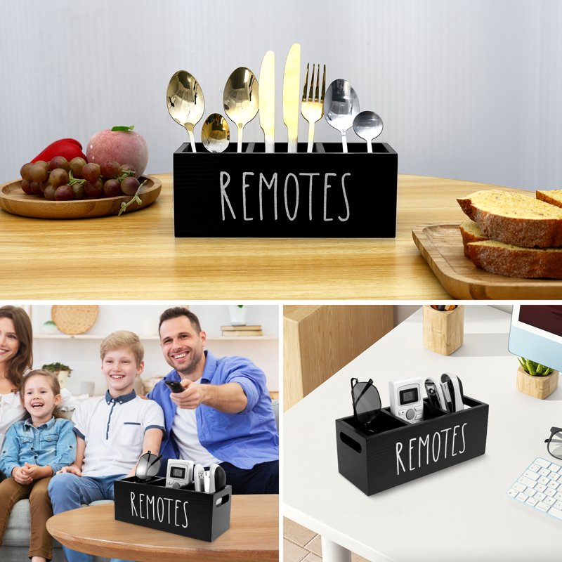 Wooden Remote Control Holder with 3 Compartments for Living Room Nightstand