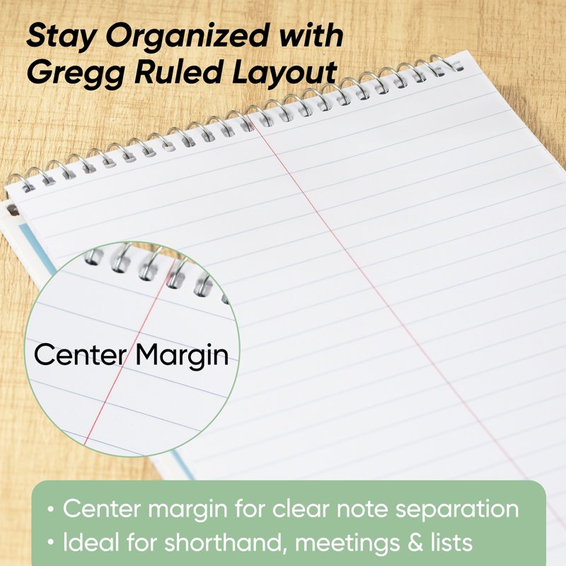 Spiral Steno Pad with Gregg Ruled Paper, 6x9 Inch, 60 Sheets, Assorted Pastel Colors