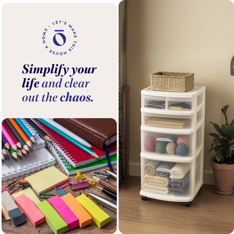 4-Drawer Clear Plastic Storage Tower with Wheels - Home Organization
