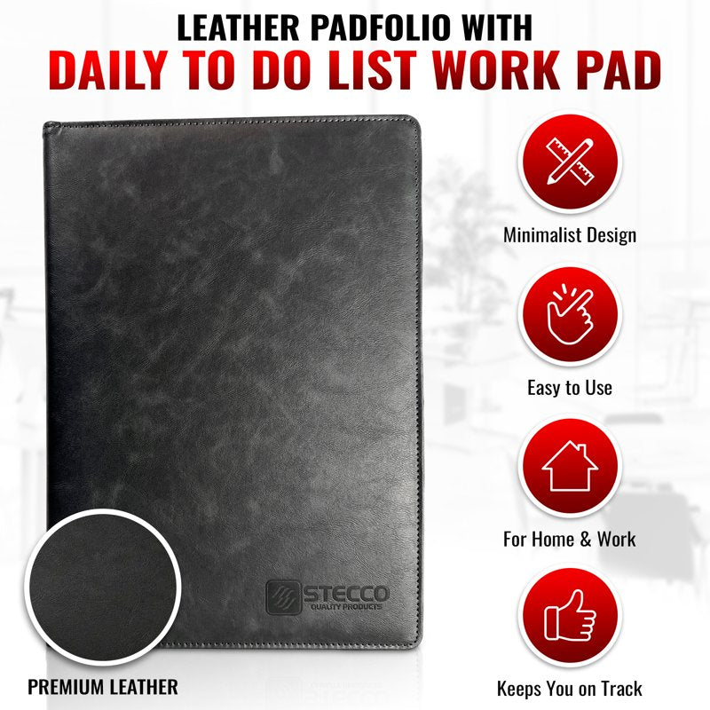 Leather Portfolio with Notepad and Card Slots - Black Professional Padfolio
