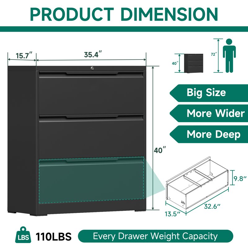 Metal 3 Drawer Lateral File Cabinet with Lock for Office & Home Storage