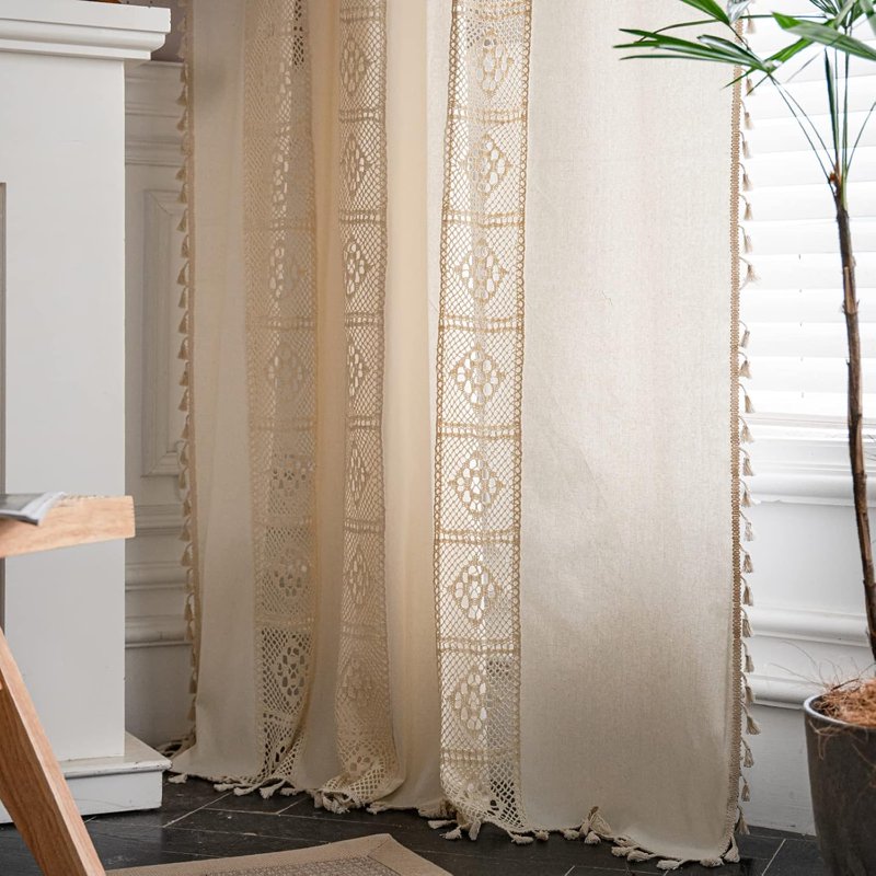 Boho Bedroom Curtains Cream & Beige Cotton Linen Patchwork with Tassels - Semi-Blackout Window Panel