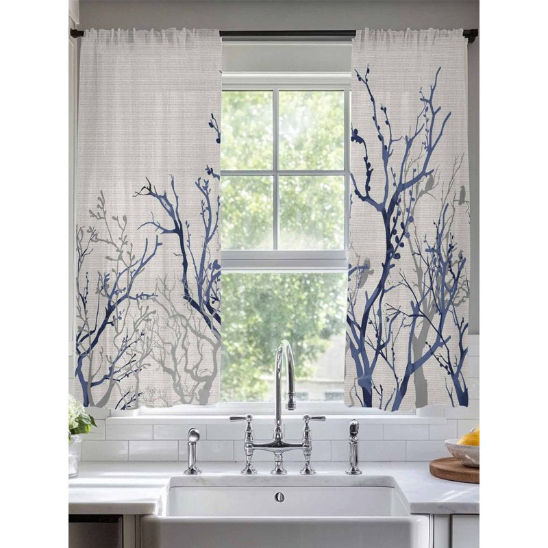 Sheer Curtains 63 Inch Length Botanical Bird Farmhouse Window Treatment Set – Multiple Sizes