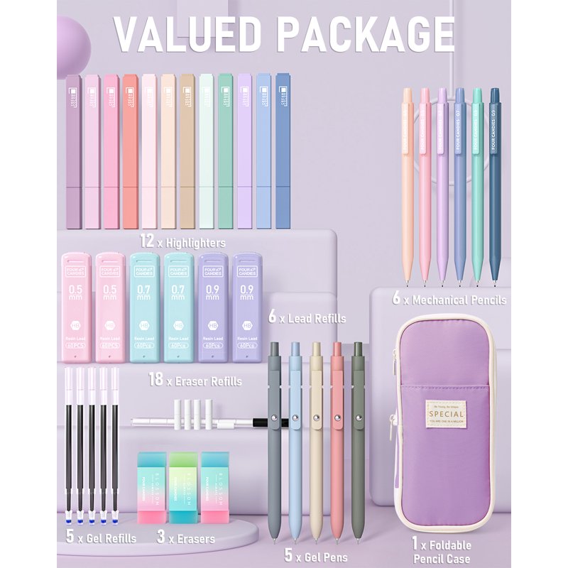 Four Candies 39-Piece Stationery Set with Purple Variation: 12 Pastel Highlighters, 6 Mechanical Pencils & 5 Gel Pens in Case