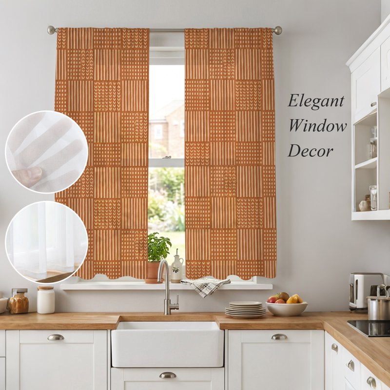 Sheer Plaid Curtains 72 Inch Length Set - Modern Geometric Window Drapes