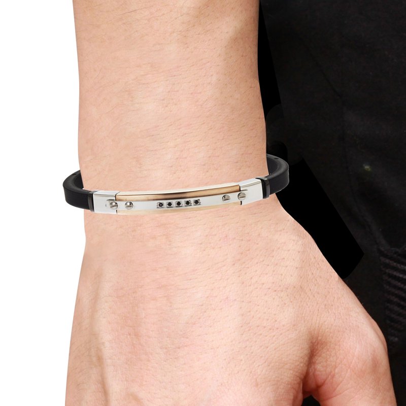Men's Cubic Zirconia Diamond Bracelet with Black Rubber and Rose Stainless Steel, 8.5"