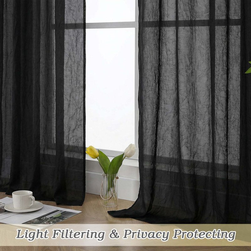 MKHILL Black Crushed Sheer Curtains 72in 2 Panels Rod Pocket Drape Set - 42x72