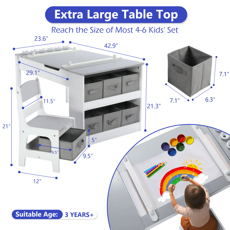 Kids Activity Table and Chair Set with Paper Roll & Storage - Toddler Art & Study Desk