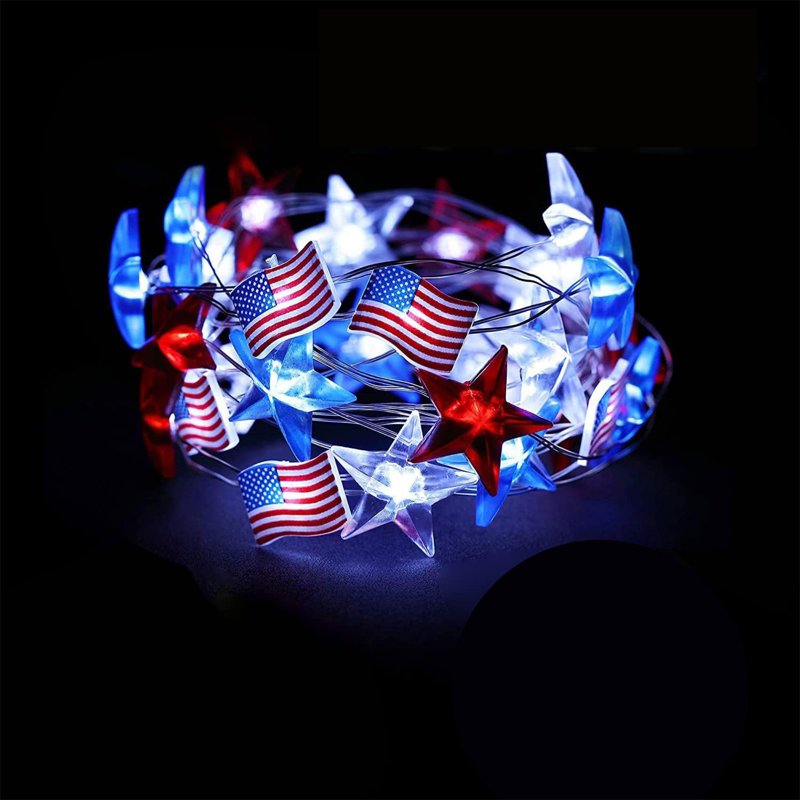 Battery Operated Patriotic Flag & Star String Lights for Indoor Outdoor 4th of July Decorations