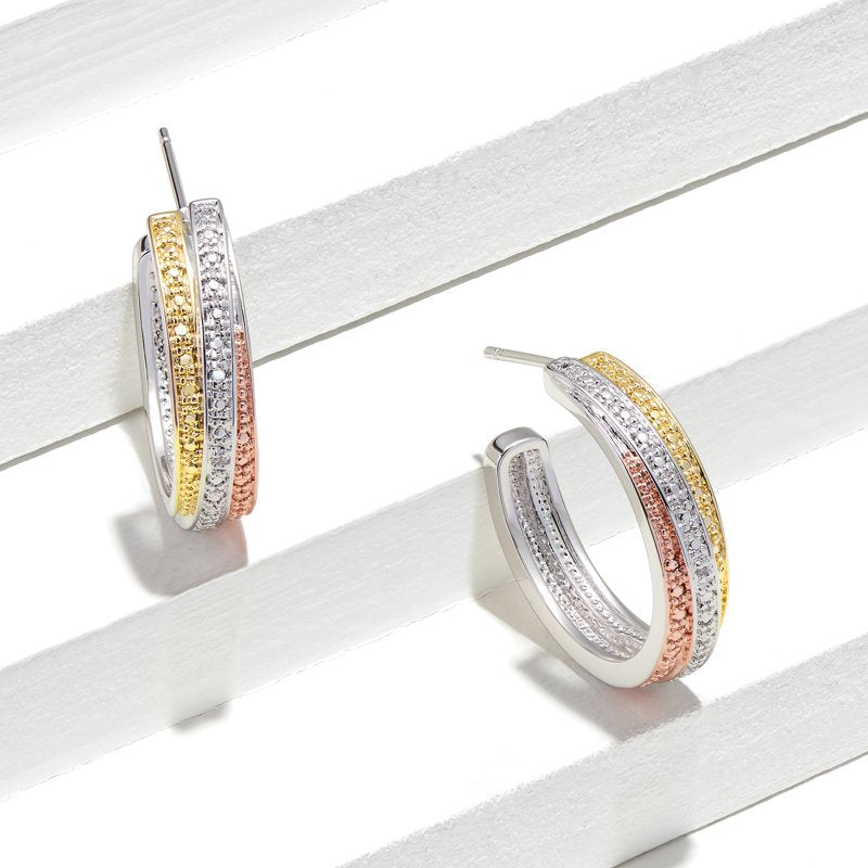 Diamond Accent Tri-Tone Hoop Earrings for Women - 7/8 Inch Gold Plated Jewelry