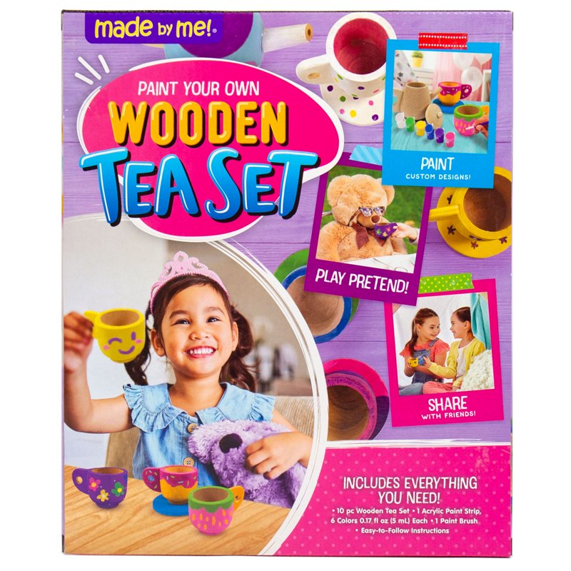 Kids Wooden Tea Set for Painting and Pretend Play - Includes Paint & Brush