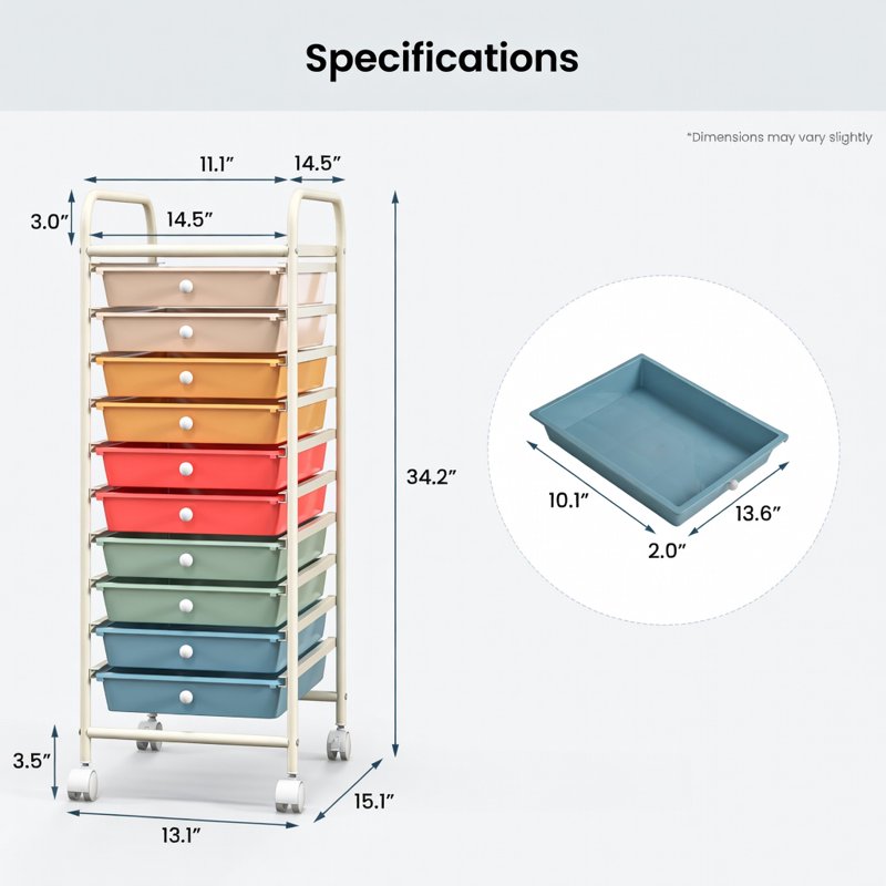 10-Drawer Rolling Storage Cart with Casters for Home & Office, Multicolor