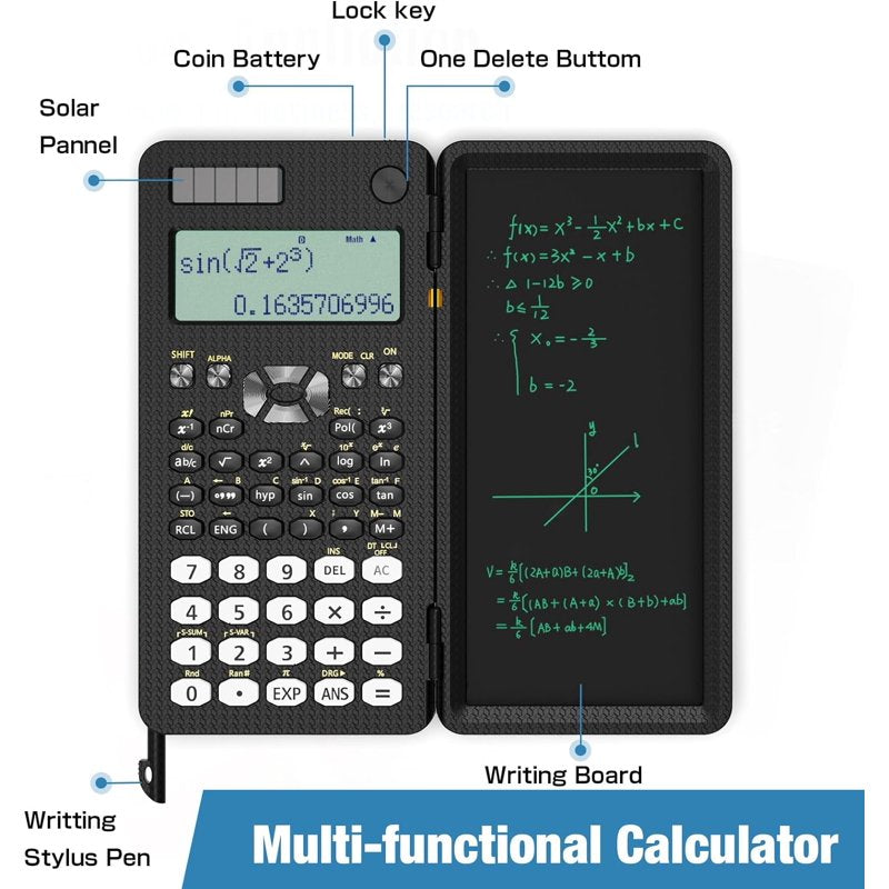 Scientific Calculator 240 Functions with Notepad for Students - Black