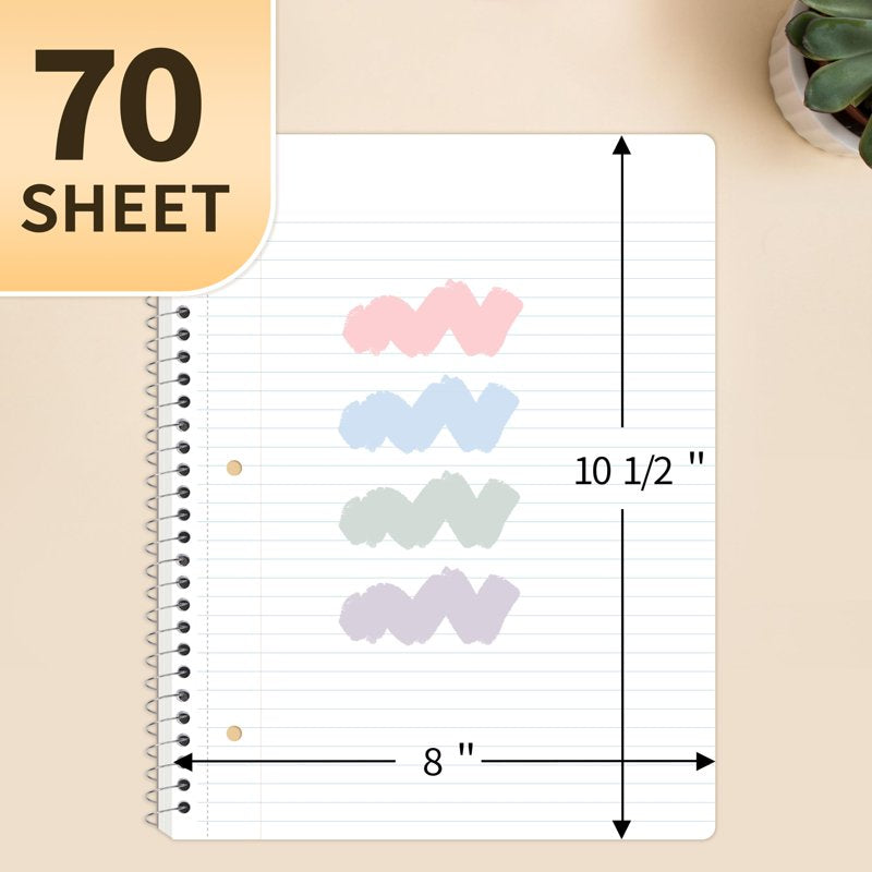 SUNEE College Ruled Spiral Notebook 8x10.5 Inches - Pack of 4, 70 Sheets Each