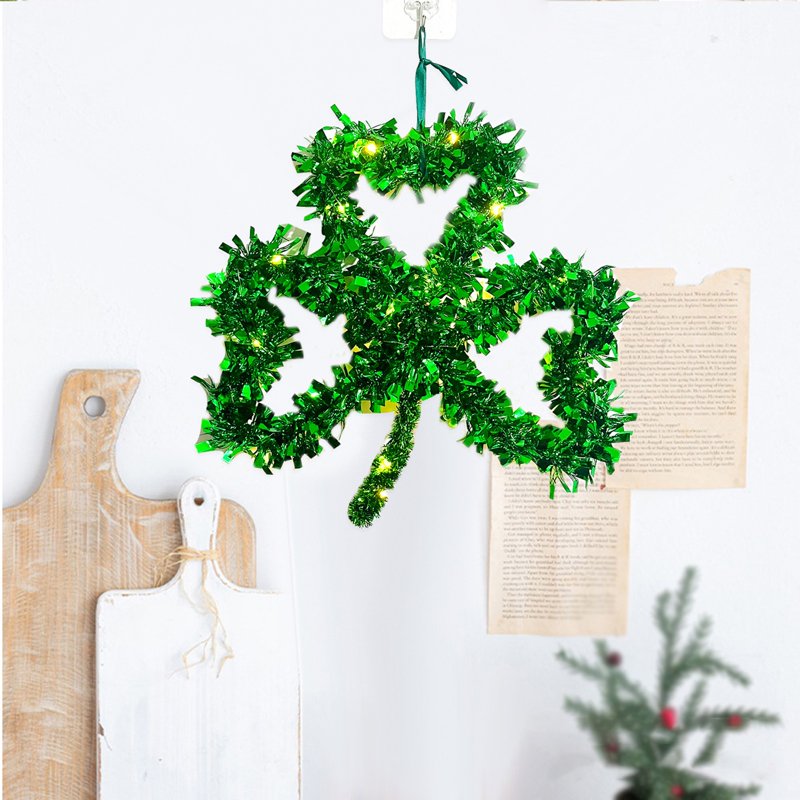 St Patrick's Day Tinsel Garland, Green Shamrock Decor for Indoor Outdoor Festivities