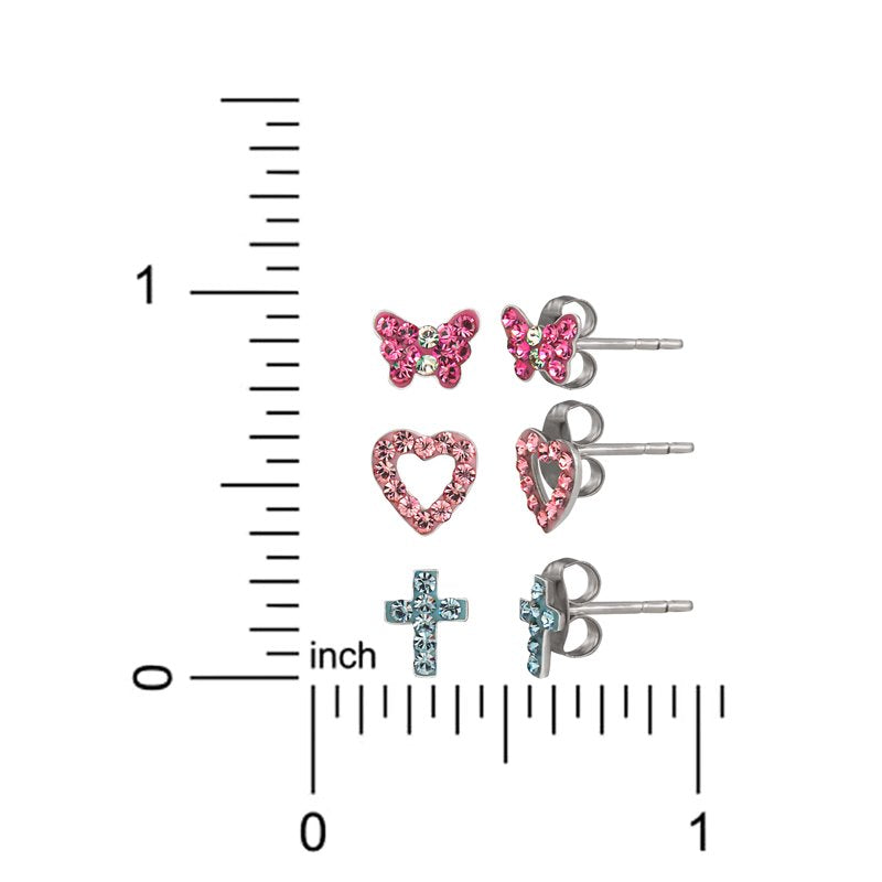 Sterling Silver Crystal Heart Butterfly Cross Earring Set for Girls & Tweens
