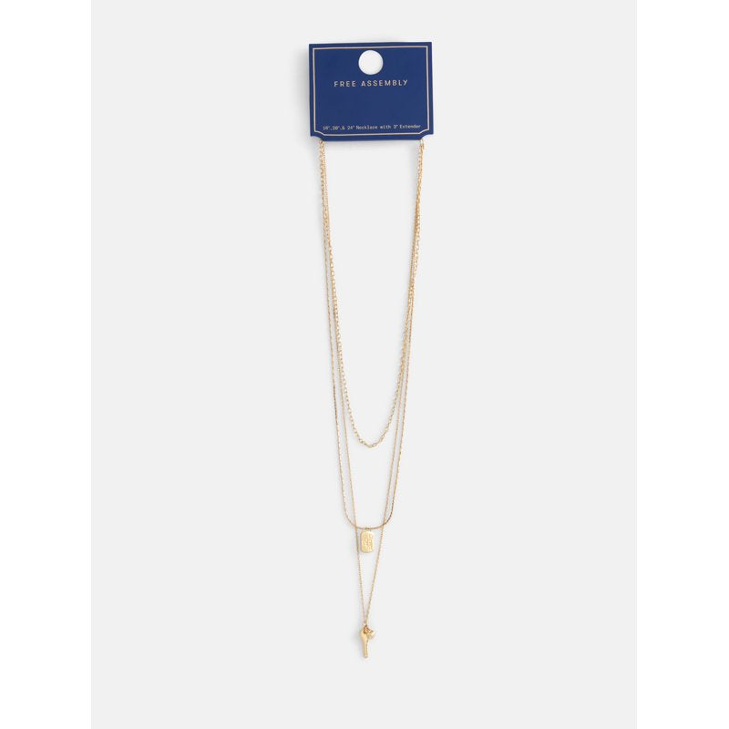 Gold-Tone Layered Necklace with Key, Heart & Reversible Tag Charms for Women