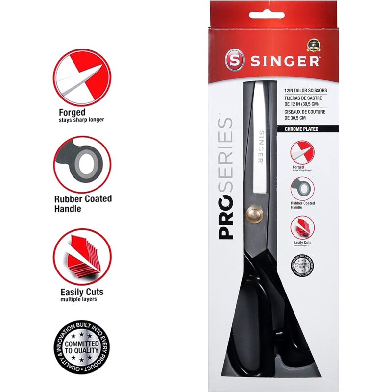 12-Inch Tailor Scissors - Heavy Duty Chrome-Plated Blades & Rubber Handles