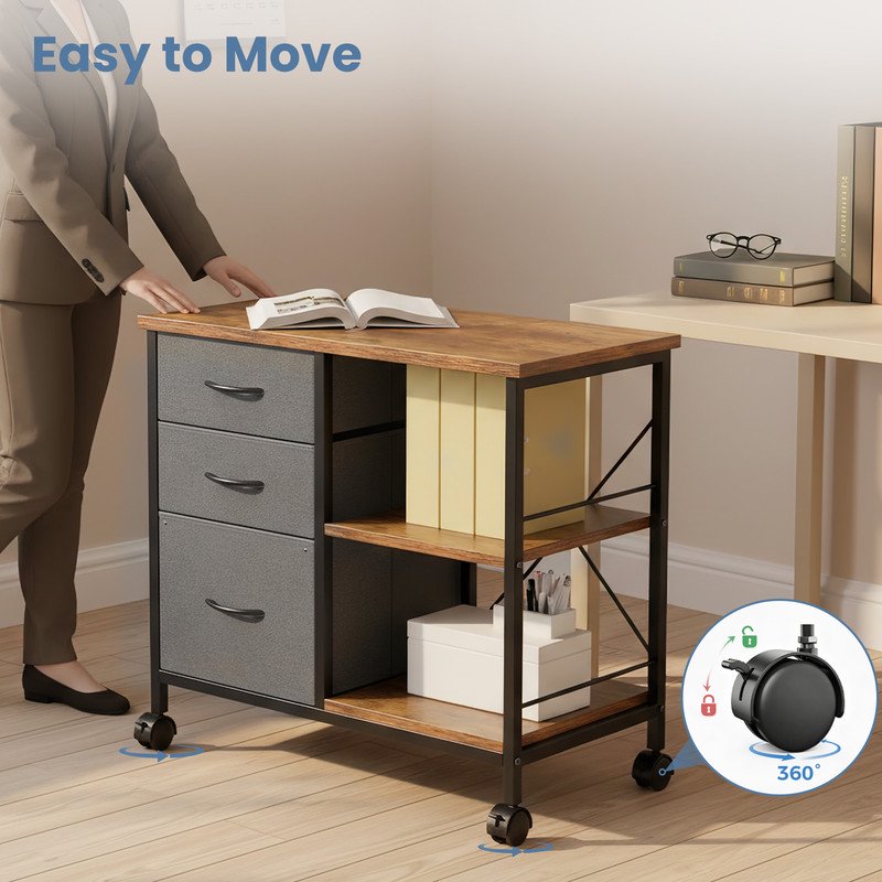 Rolling File Cabinet with Adjustable Shelves 3 Fabric Drawers Lockable Wheels