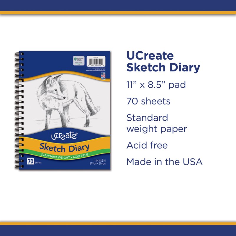 Sketch Diary with Spiral Binding, 11x8.5 Inch, 70 Sheets, Acid-Free Paper