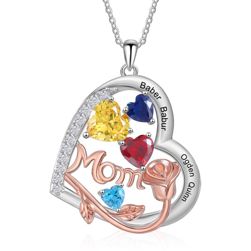 Personalized Brass Heart Necklace with Birthstones for Mom - Family Jewelry