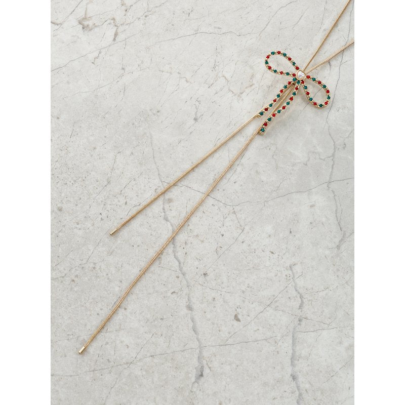 Dainty Bow Lariat Necklace with Sparkling Stones - Goldtone, 16" + 3" Extender