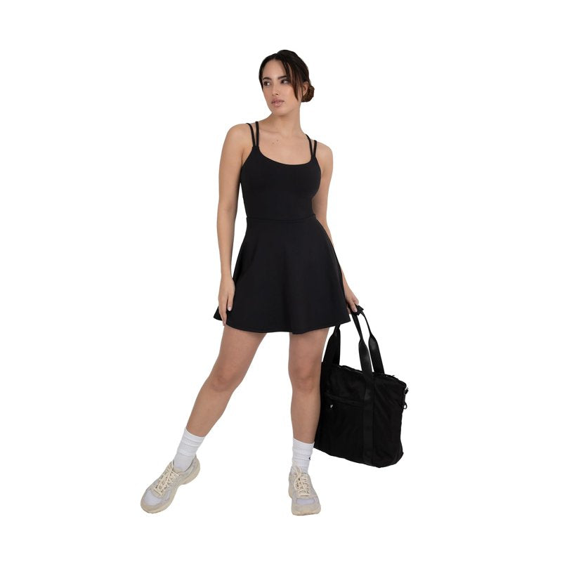 Women's Active Tennis Dress with Built-In Shorts & Supportive Straps - Black