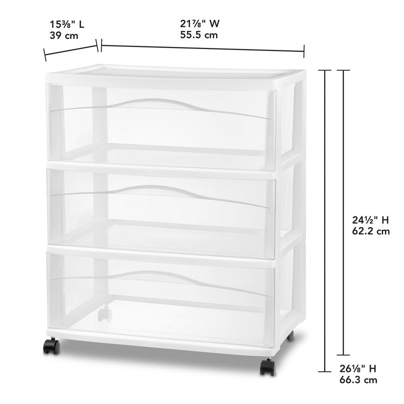 Wide Plastic Storage Cart with 3 Drawers and Casters - Organization Organizer