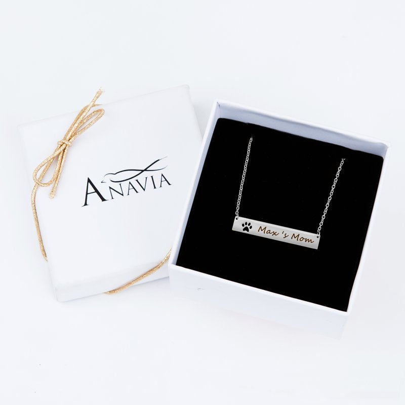 Personalized Name Necklace with Paw Print Cut-Out - Custom Engraved Bar Jewelry in Silver, Gold, Rose Gold