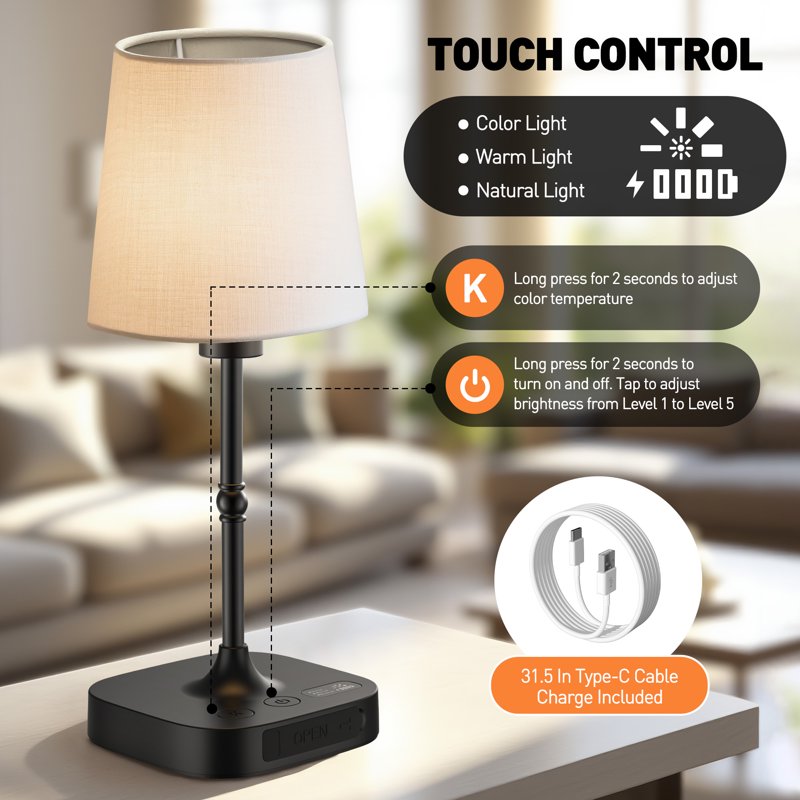 Cordless Dimmable Bedside Table Lamp with USB Port & Fabric Shade