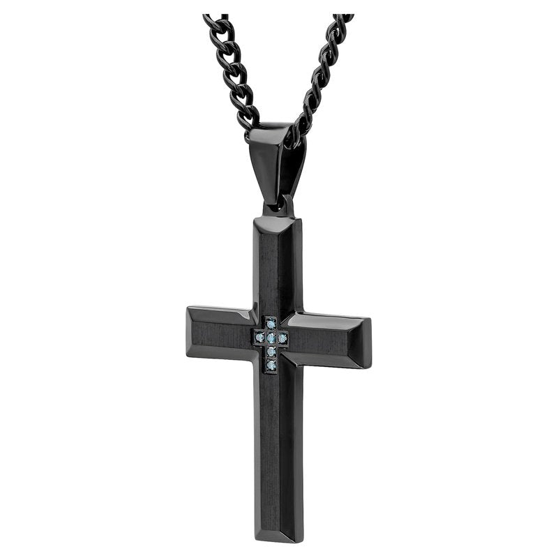 Men's Black Stainless Steel Cross Pendant Necklace with Blue Diamond Accents