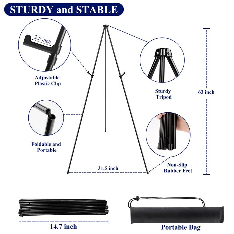 Portable Adjustable Metal Easel Stand for Sign, Painting & Display - 63 Inch Black