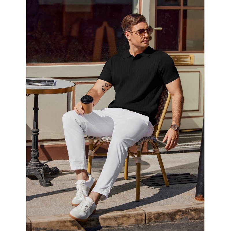 Men's Ribbed Knit Polo Shirt Short Sleeve Casual Golf Business Wear