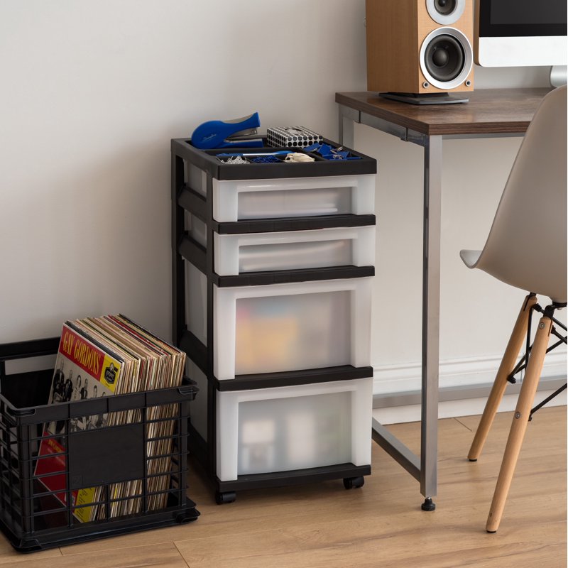 4-Drawer Storage Cart with Organizer Top - Black Office & Home Organization