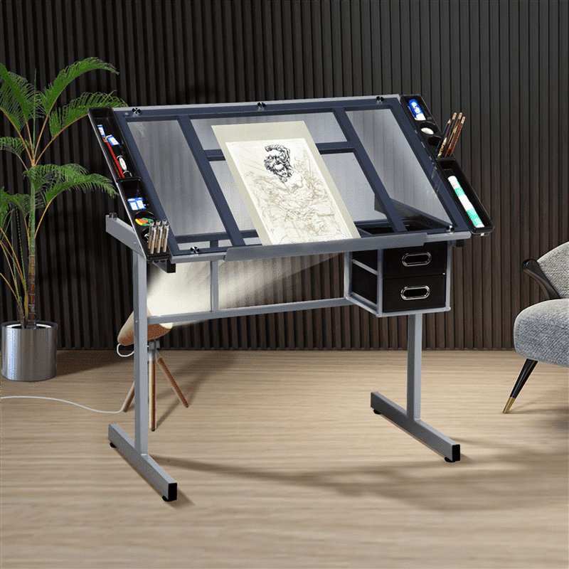 Adjustable Drafting Table with Drawers and Glass Top - Black