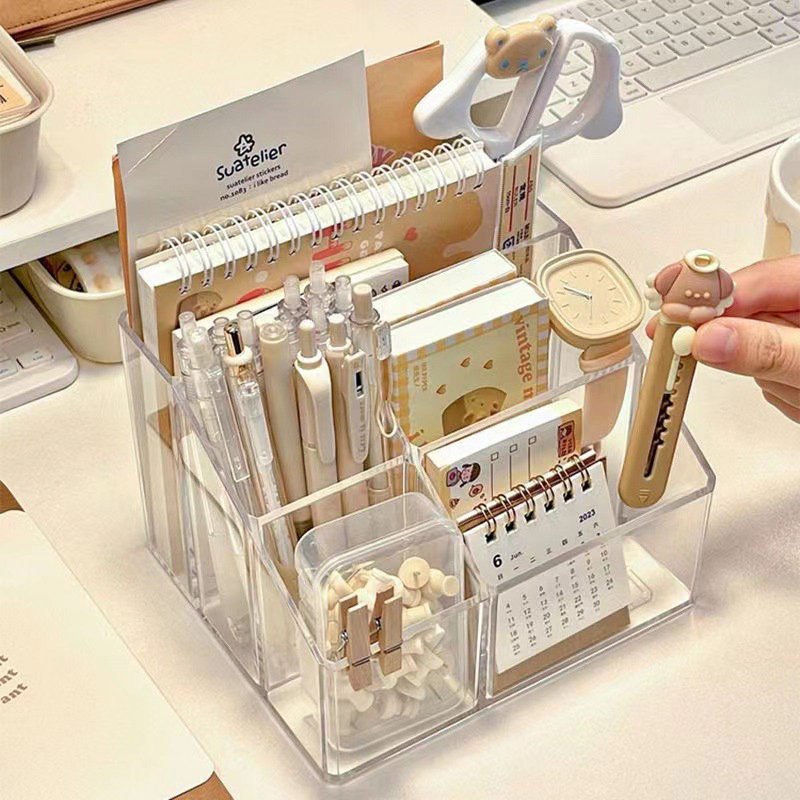 Acrylic Pen Organizer Storage Box - Translucent Desktop Office & Makeup Supplies